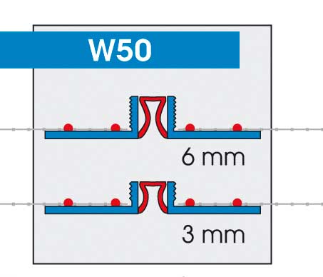 W 50 Bewegungsfugenprofil DUO-TEX mit coextrudierter Lasche und Gewebeteilen
